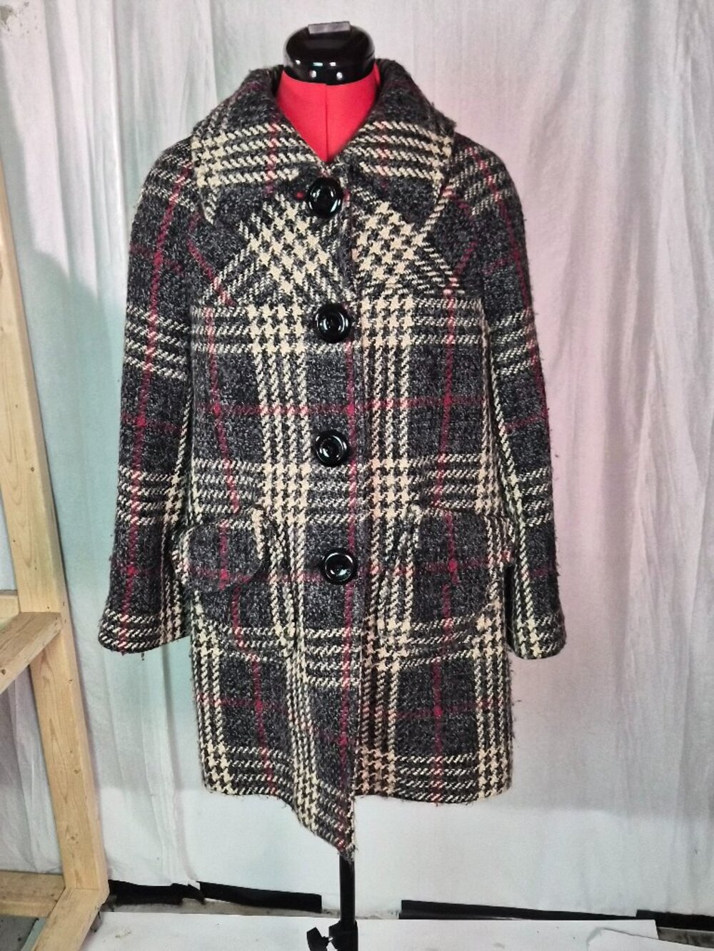 Miss Sixty M60 Wool Blend Peacoat Women’s M Single Breasted Coat Tweed Plaid 70s